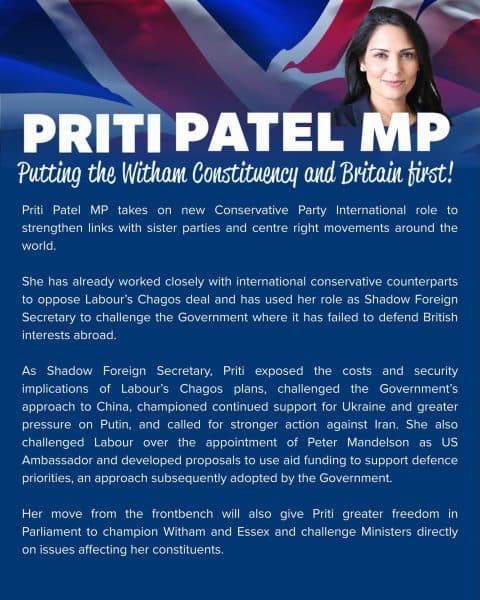 Priti Patel quits Kemi Badenoch's top team as Tom Tugendhat set to be named shadow foreign secretary