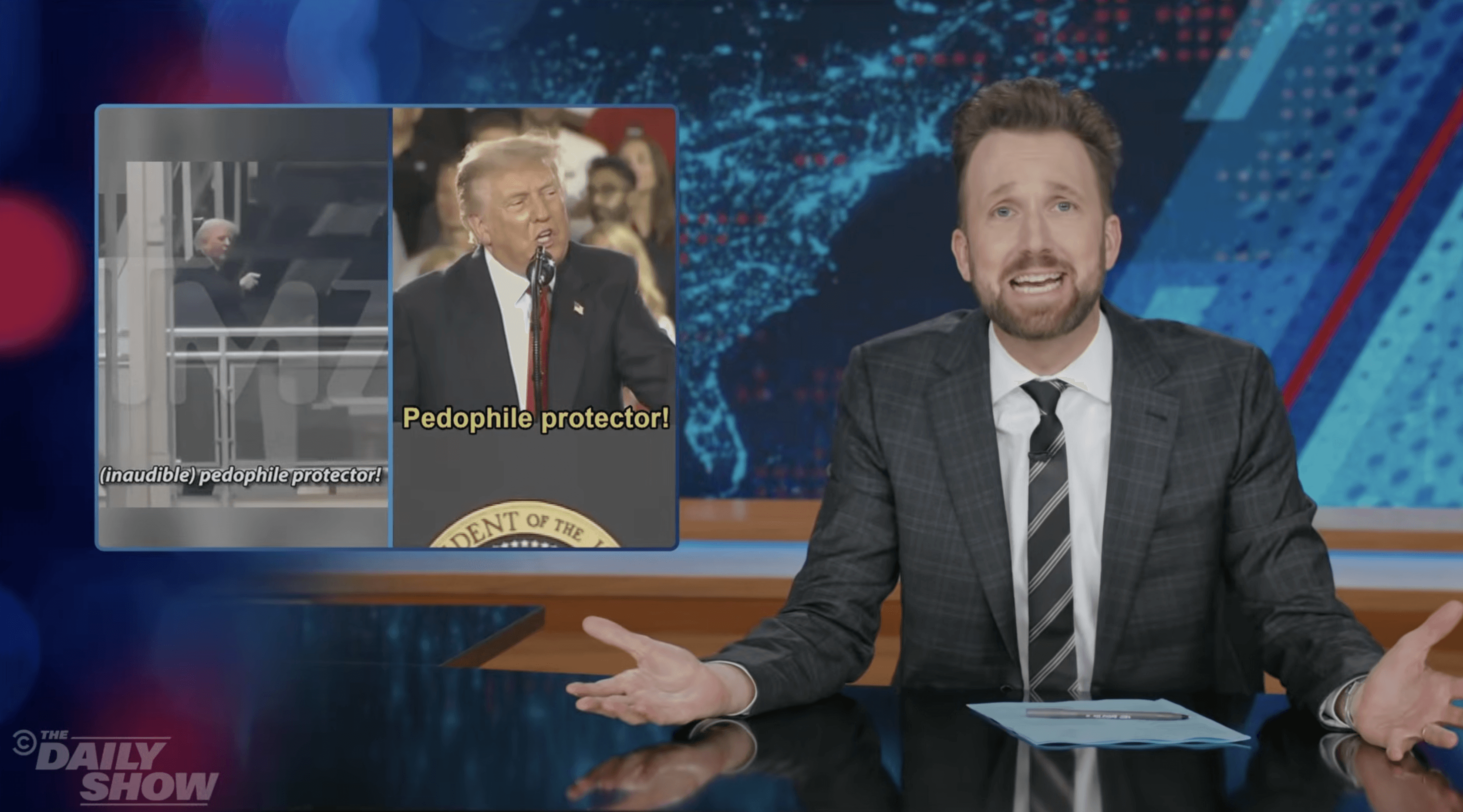 Daily Show reacts to Trump being called a pedophile protector during speech