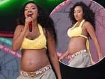 Pregnant Leigh-Anne Pinnock bedazzles her bare baby bump as she performs in a yellow bra at Brighton Pride