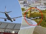 Terrifying moment jets appear to skim the roof of packed sports stadium during pre-game flyover