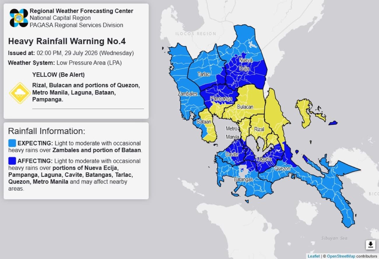 Yellow rainfall warning over Metro Manila, other Luzon areas Wednesday