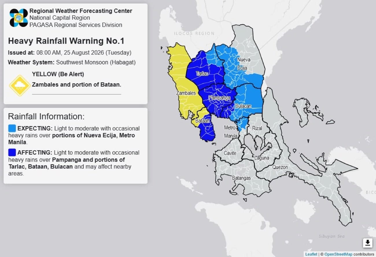 Pagasa: Yellow rainfall warning up in Zambales, parts of Bataan Tuesday