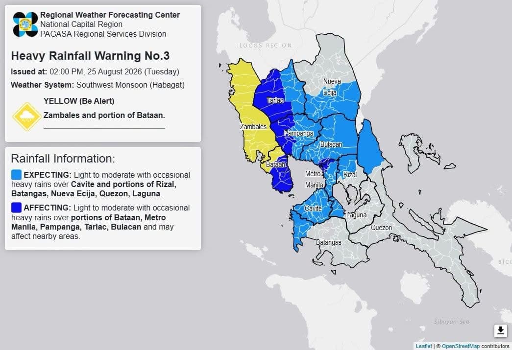 Heavy rainfall warning in Zambales, parts of Bataan  Tuesday afternoon