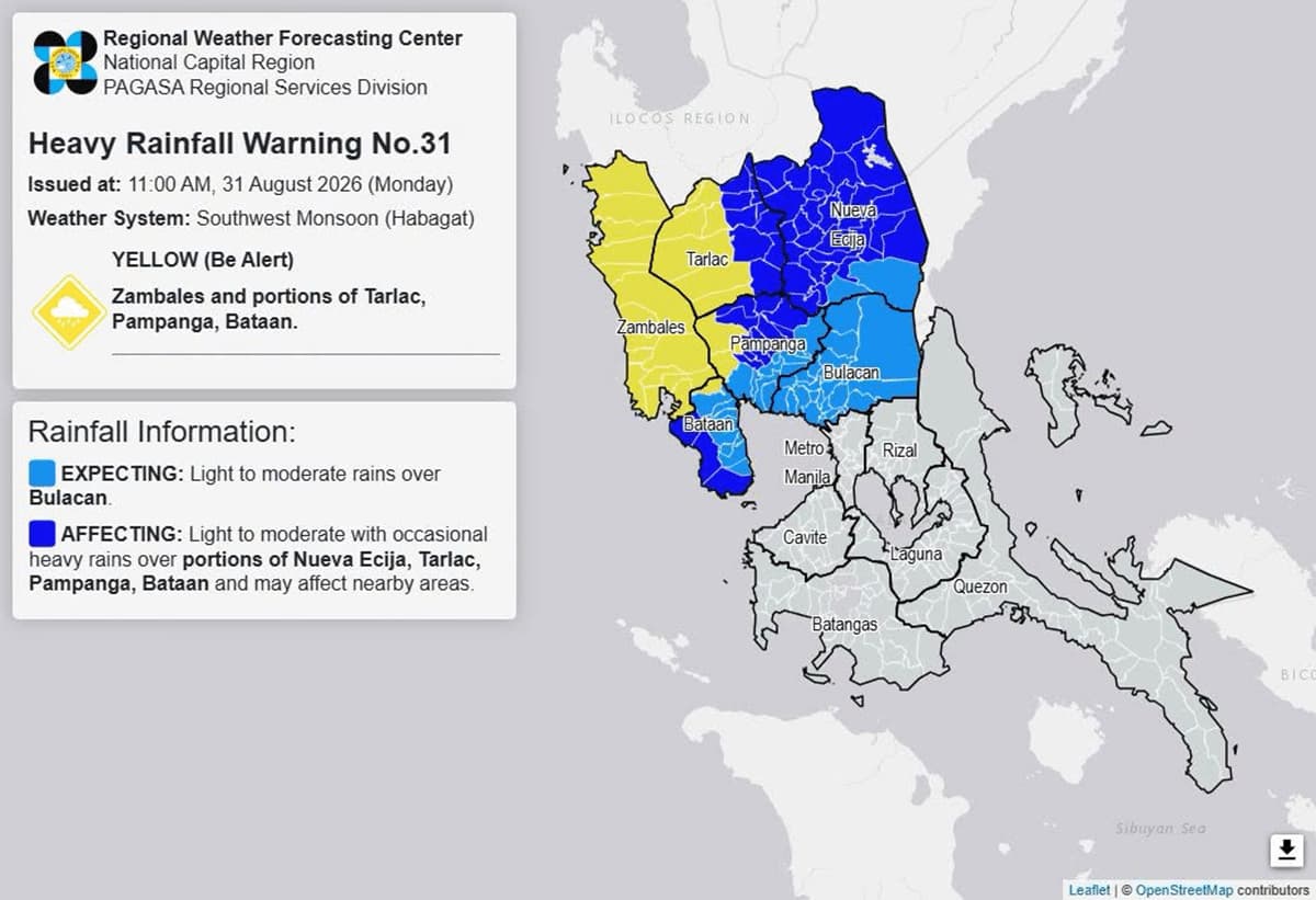 Yellow rainfall warning up over 4 Luzon provinces