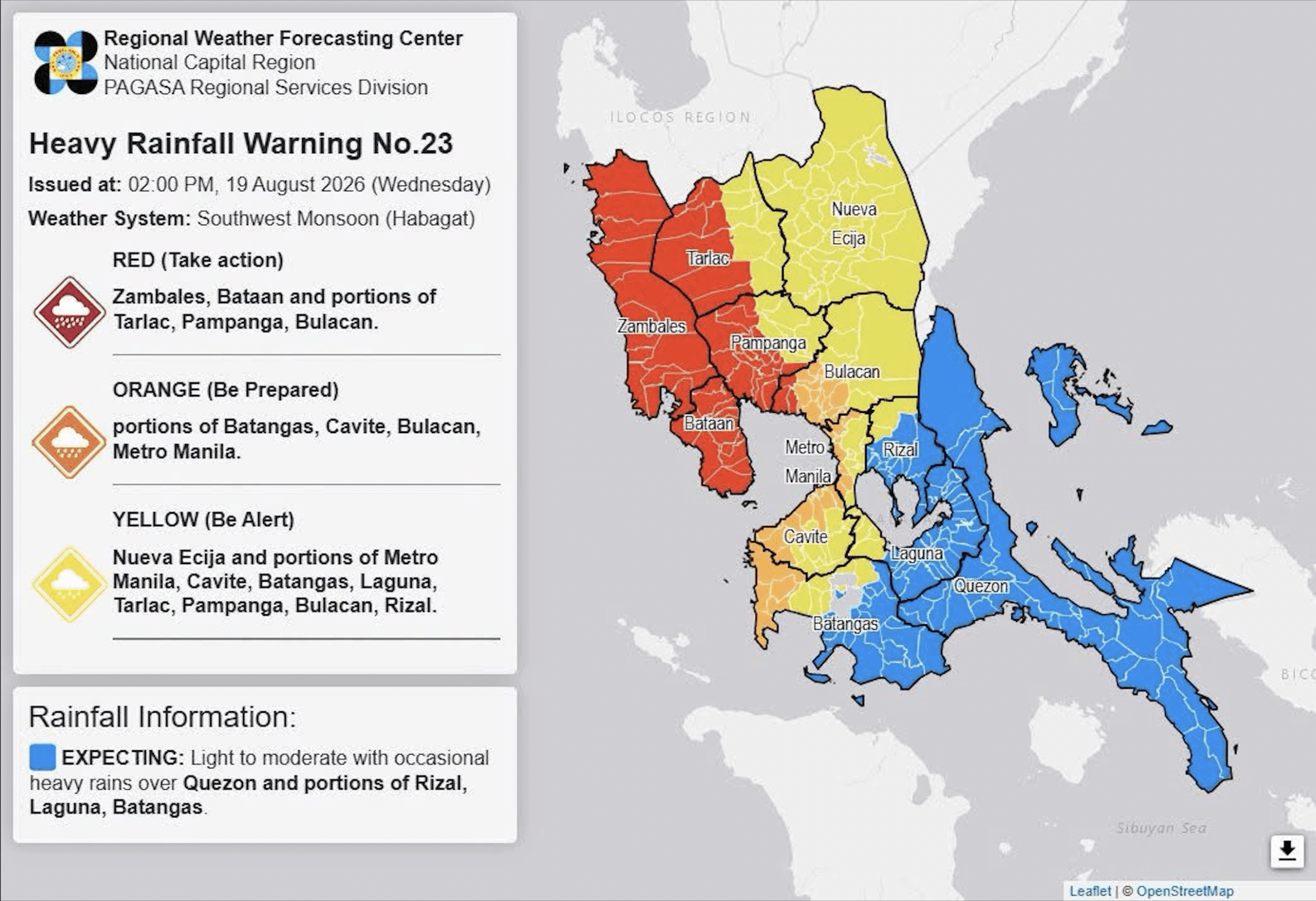 Heavy rainfall alert up in parts of Luzon Wednesday afternoon (Aug. 19)