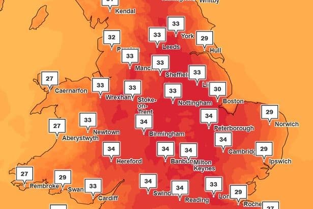 UK weather maps turn red as Met Office could issue rare warning amid fifth heatwave