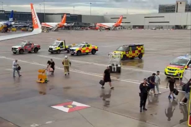 EasyJet plane met by fire engines at Manchester Airport as passengers taken off flight