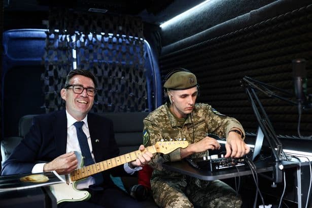 Andy Burnham filmed playing The Smiths song on guitar with Ukrainian soldier during Kyiv visit