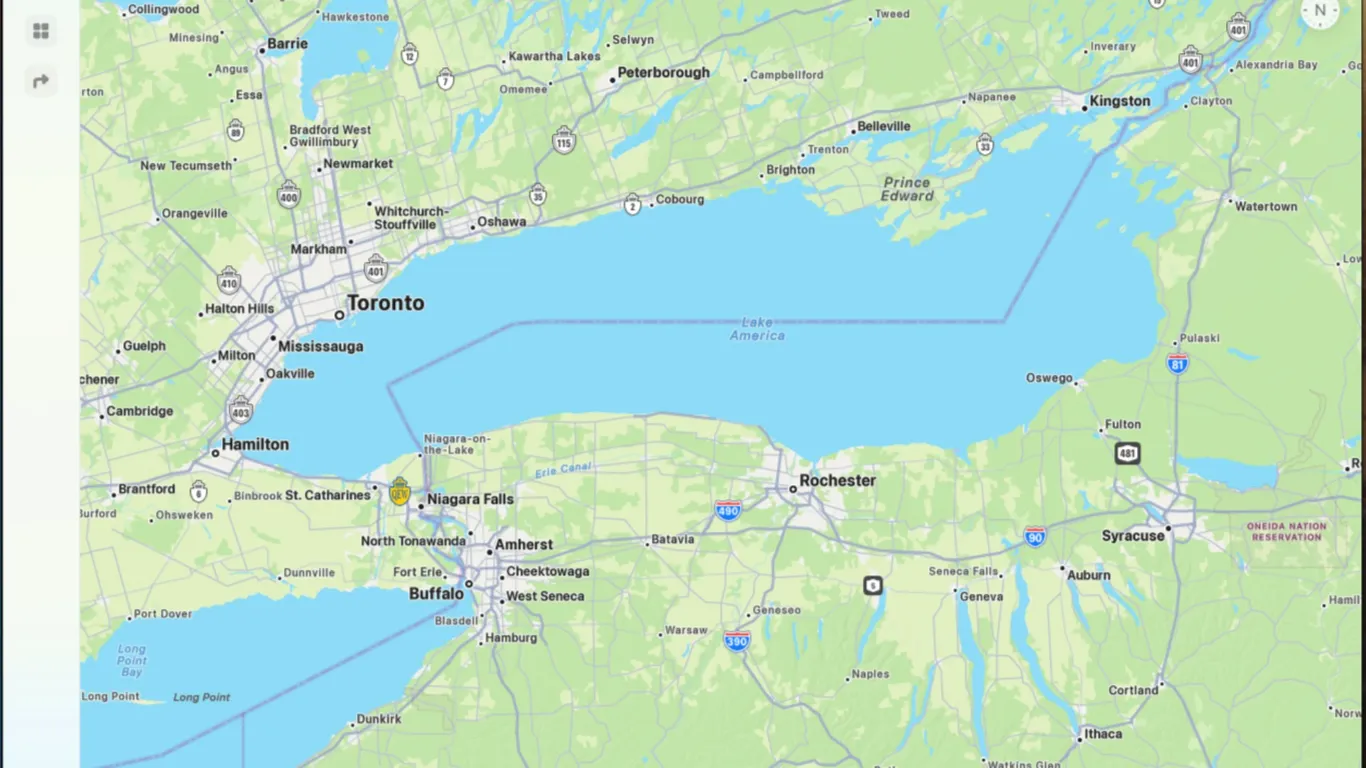 Apple joins Google in renaming Lake Ontario to "Lake America"