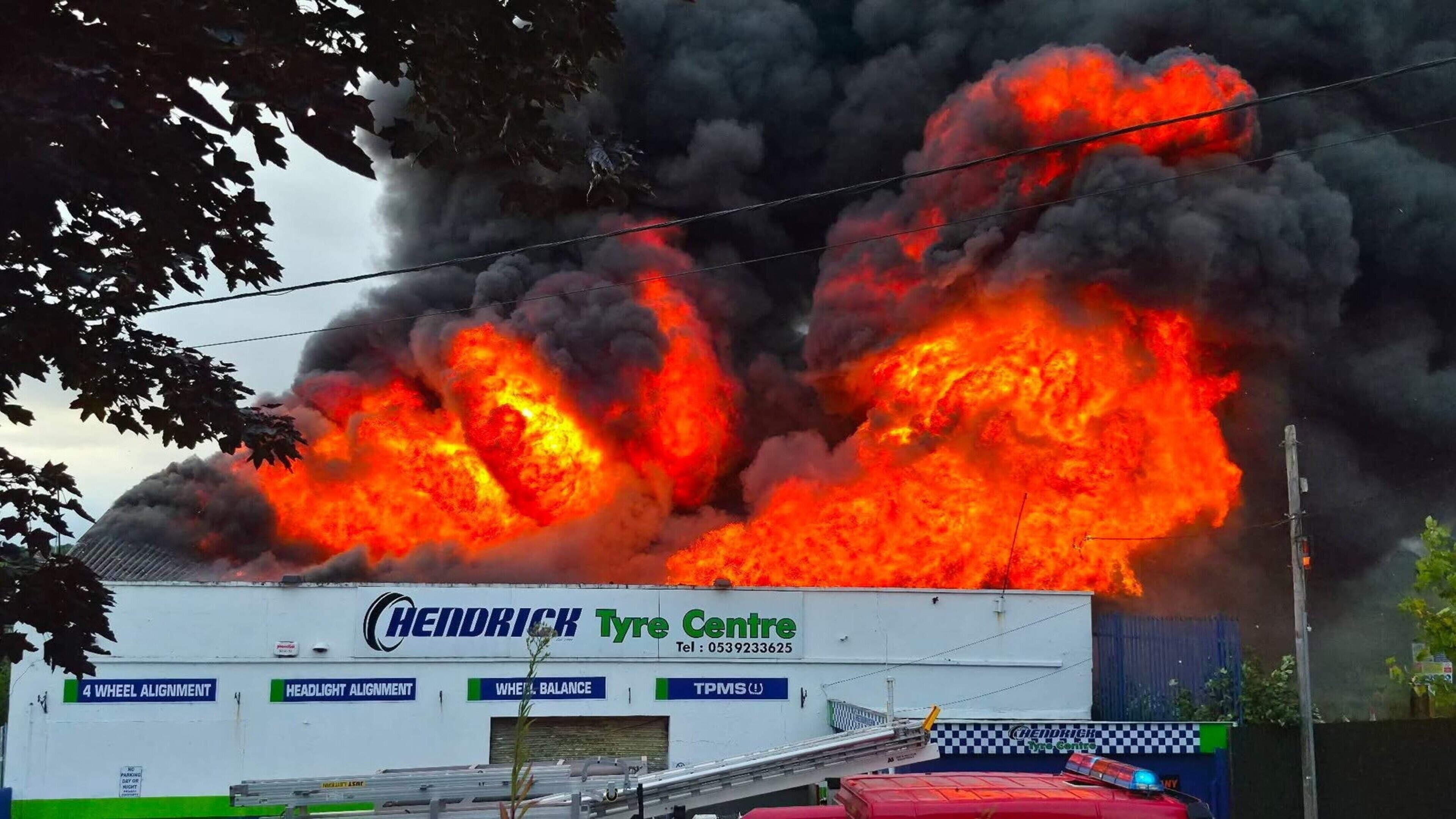 Wexford Fire Service battling major blaze at Enniscorthy tyre shop which is engulfed in flames and smoke
