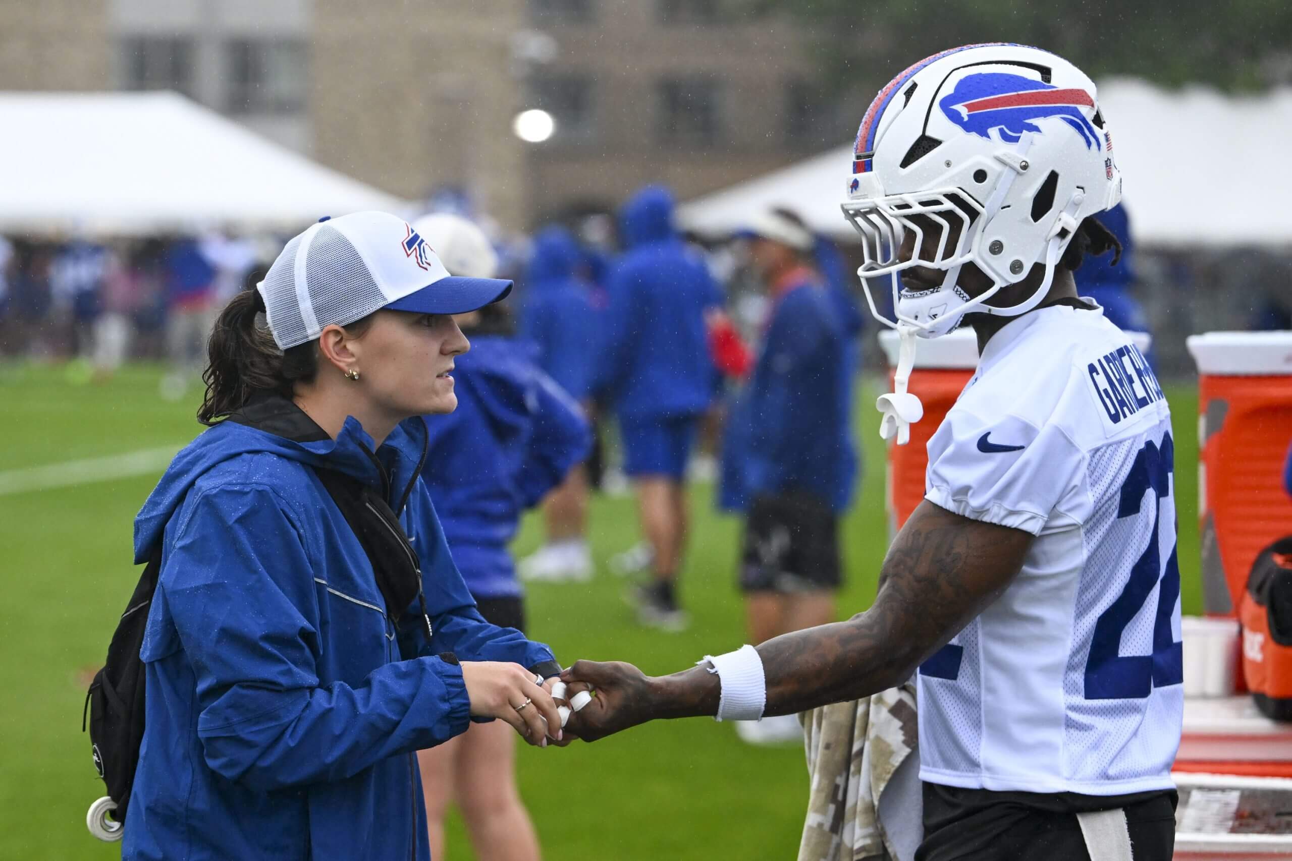 Bills safety Gardner-Johnson carted off with leg injury